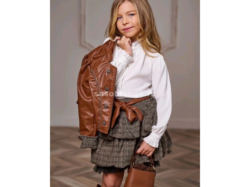 Komplet za devojcice jakna ,kosuljica ,suknjica i tasnica i dokolenice