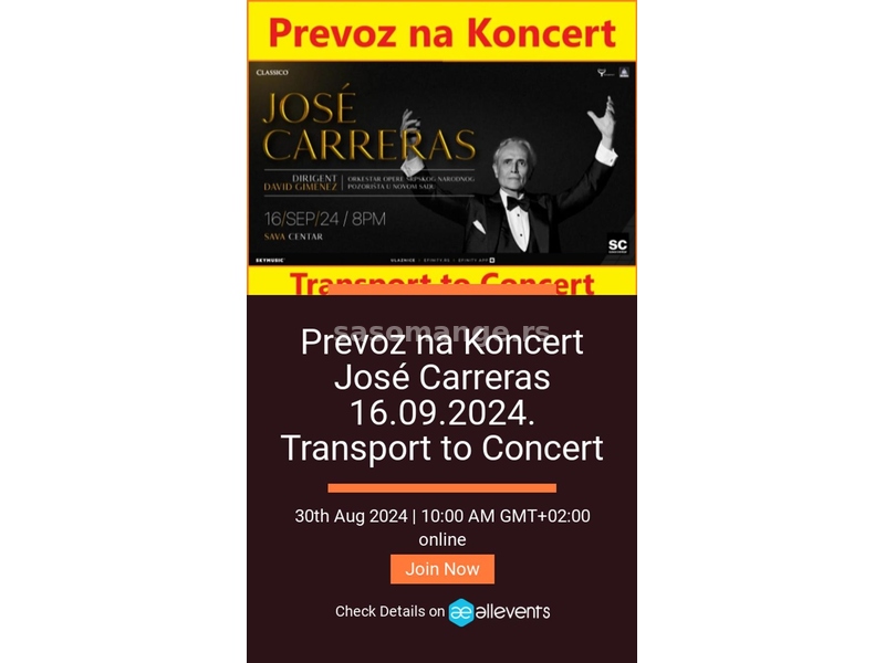 Prevoz na Koncert José Carreras 16.09.2024. iz Novog Sada