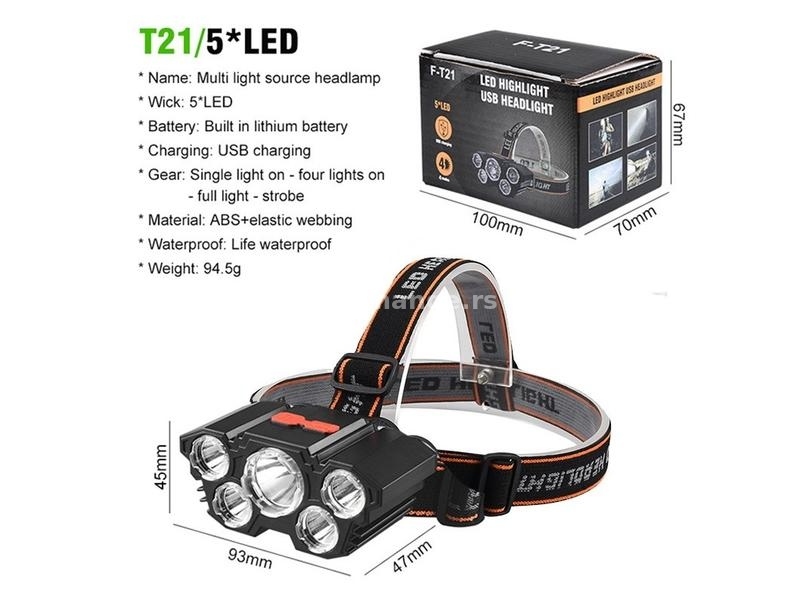 Baterijska Lampa Za Glavu Punjiva 5 Led Headlamp F-T21