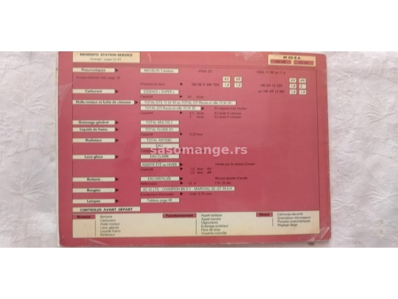 Tehnicko uputstvo za upotrebu za Citroen Visa 11E/11RE/GT ,&nbsp; 58 str. francuski