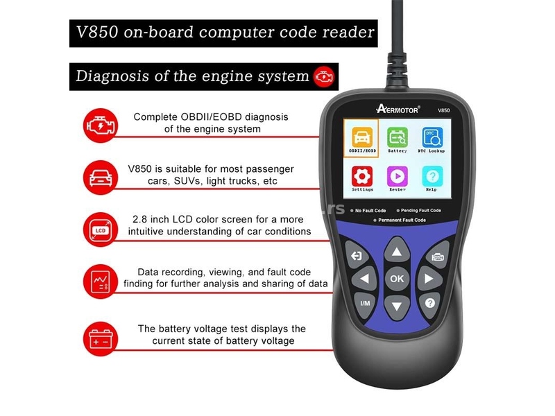 AERMOTOR V850 Auto Dijagnostika- Tester baterije OBD 2 EOBD CAN