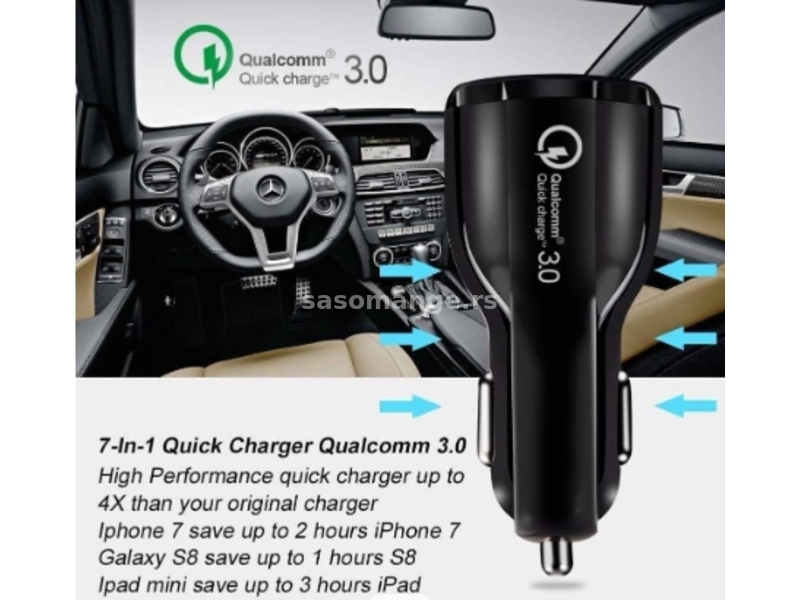 USAMS brzi auto punjač 2x USB QC 3.0 5V/6A 9V 12V QuickCharg