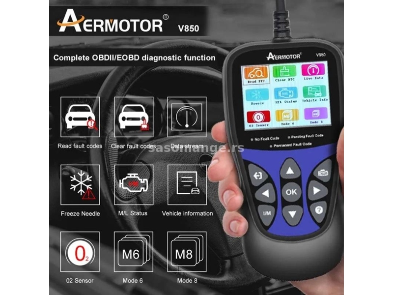 AERMOTOR V850 Auto Dijagnostika- Tester baterije OBD 2 EOBD CAN