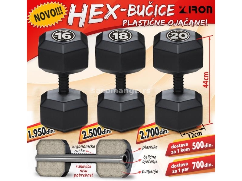 Tegovi-bučice plastični HEX tegovi 36kg /tegovi 2x18kg