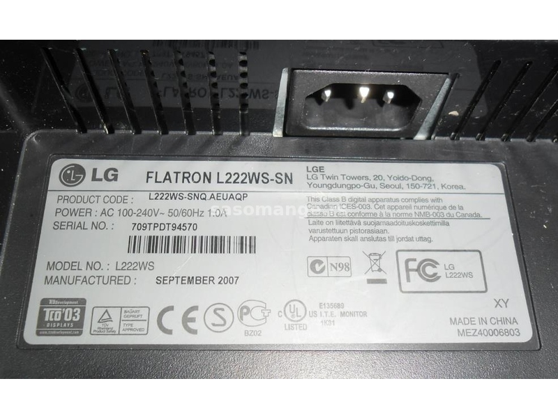 Neispravan LG Flatron 222WS-SN 22-inčni TFT LCD monitor