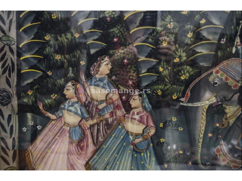 Velika uramljena slika na svili iz Indije - batik 92x62 cm.