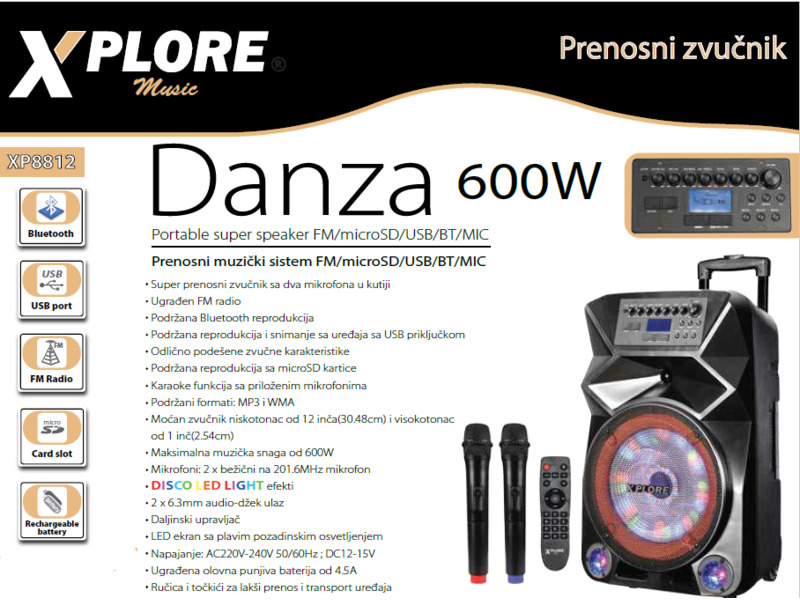 Karaoke zvučnik 600W Danza XP8812 XPLORE
