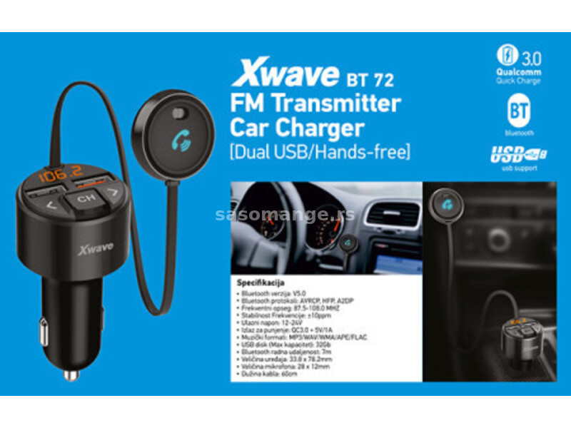 Xwave FM transmiter za kola/Bluetooth/LCD/mp3/wma/wav/flac/2X USB/punjenje QC3.0+5V/1A /Handsfree...